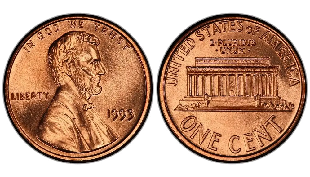 1993 Lincoln penny obverse and reverse showing Lincoln portrait and Lincoln Memorial design