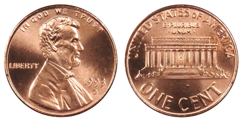 Side-by-side comparison of 1993 penny Wide AM (common) vs Close AM (rare variety) in AMERICA inscription