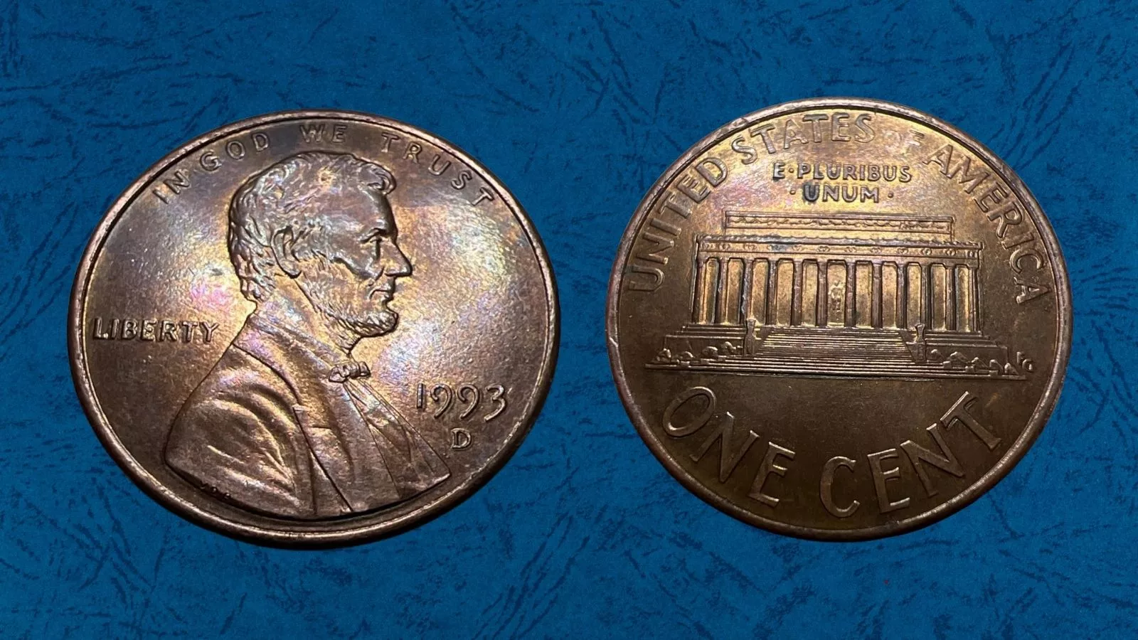 1993 penny Doubled Die Obverse showing doubling in LIBERTY lettering visible under magnification