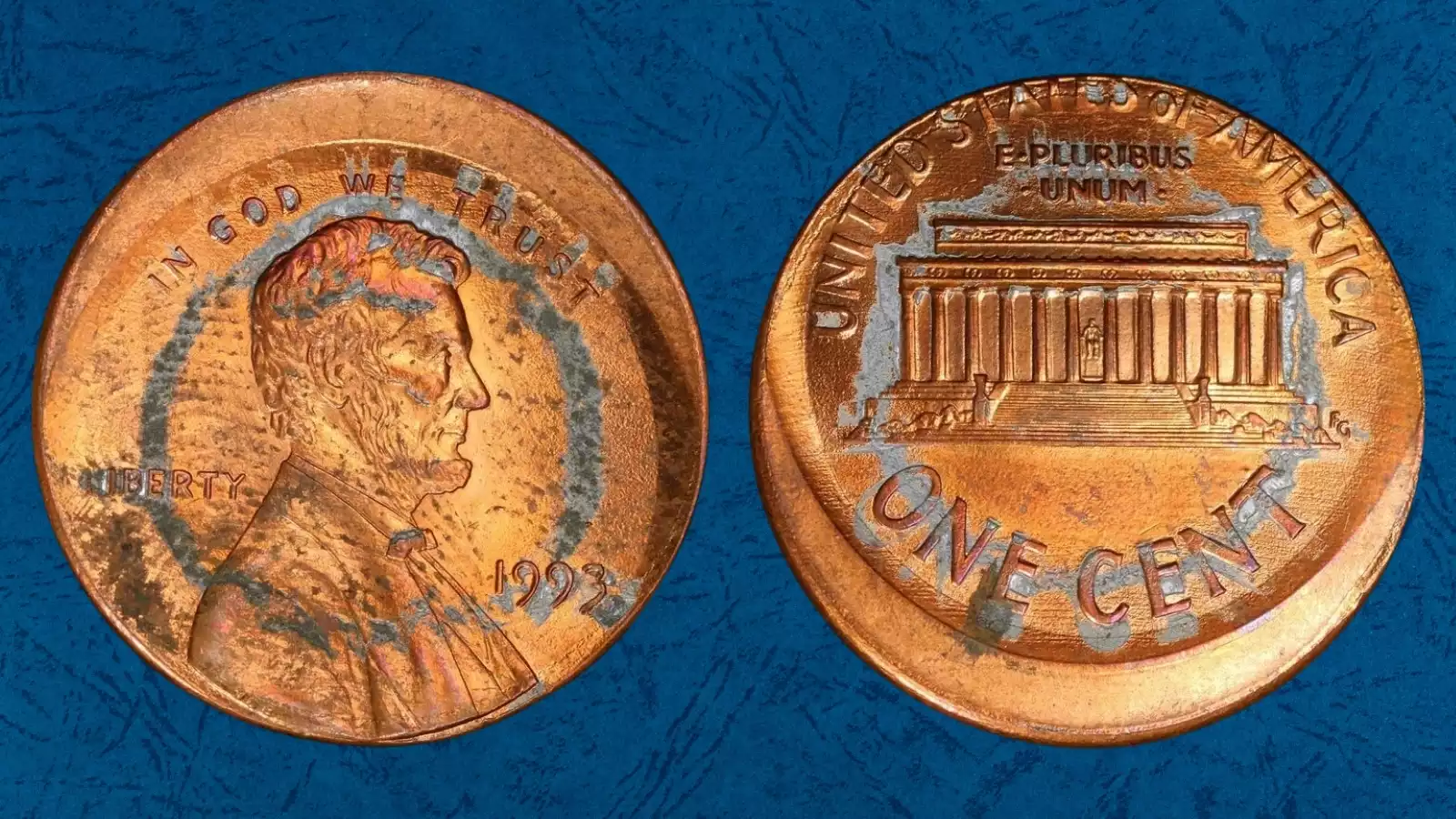 1993 penny off-center strike error showing misaligned strike with blank planchet area visible