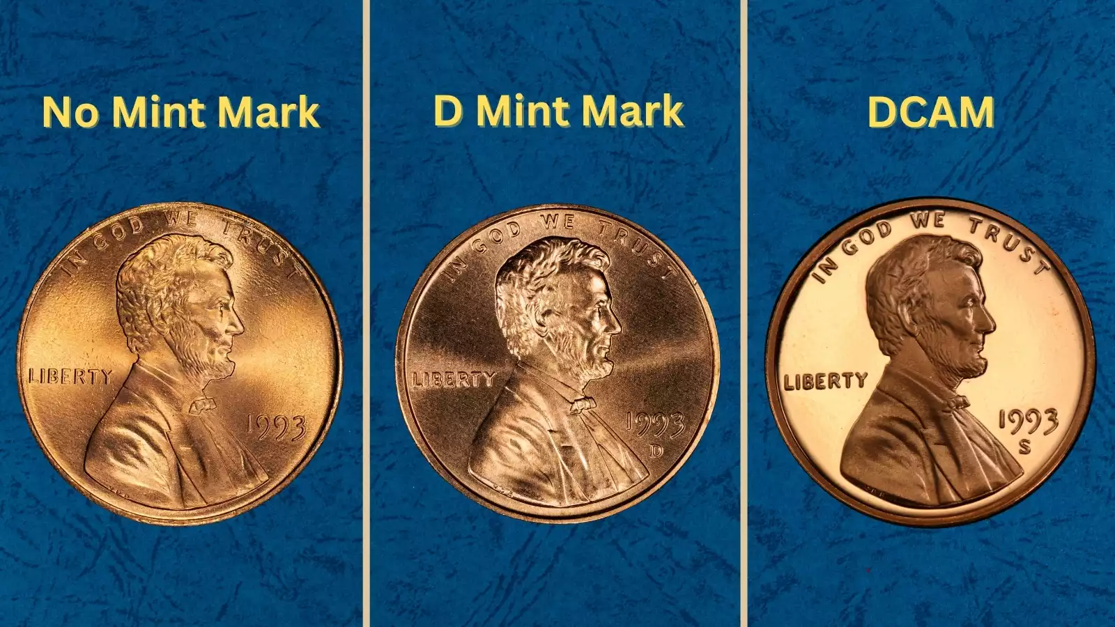 1993 Lincoln penny group showing all three mint marks — Philadelphia no mark, Denver D, and San Francisco S proof
