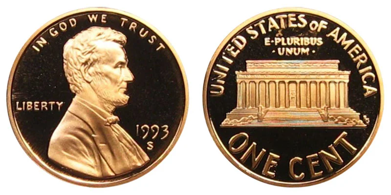 1993 penny grading strip showing four condition tiers from worn circulated to gem uncirculated MS RD